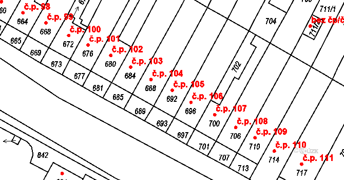 Rychlov 105, Bystřice pod Hostýnem na parcele st. 692 v KÚ Rychlov u Bystřice pod Hostýnem, Katastrální mapa