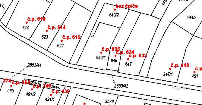 Bystřice pod Hostýnem 635 na parcele st. 649/1 v KÚ Bystřice pod Hostýnem, Katastrální mapa