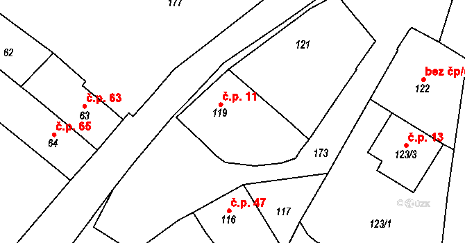 Lutotín 11, Bílovice-Lutotín na parcele st. 119 v KÚ Lutotín, Katastrální mapa