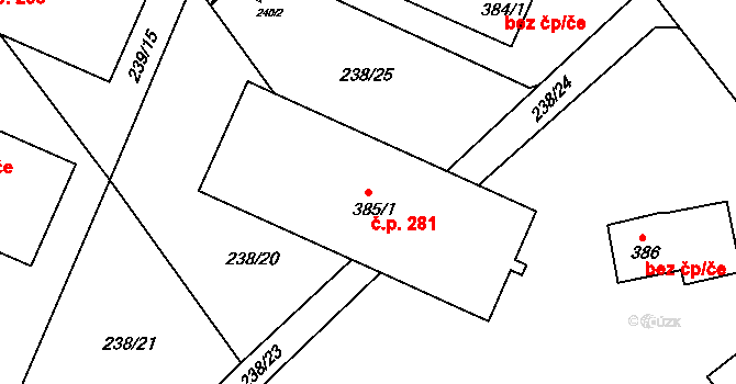 Hrubčice 281 na parcele st. 385/1 v KÚ Hrubčice, Katastrální mapa