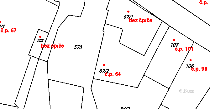 Běrunice 54 na parcele st. 67/2 v KÚ Běrunice, Katastrální mapa