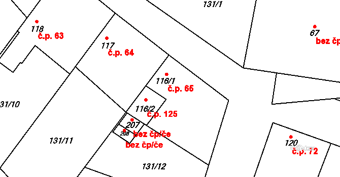 Budiměřice 65 na parcele st. 116/1 v KÚ Budiměřice, Katastrální mapa
