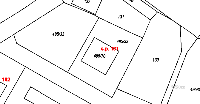 Lhotka 181 na parcele st. 495/70 v KÚ Lhotka u Hořovic, Katastrální mapa