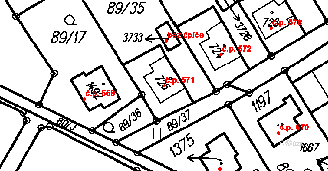 Čeladná 571 na parcele st. 725 v KÚ Čeladná, Katastrální mapa