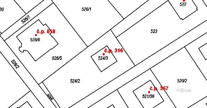 Krmelín 316 na parcele st. 524/3 v KÚ Krmelín, Katastrální mapa