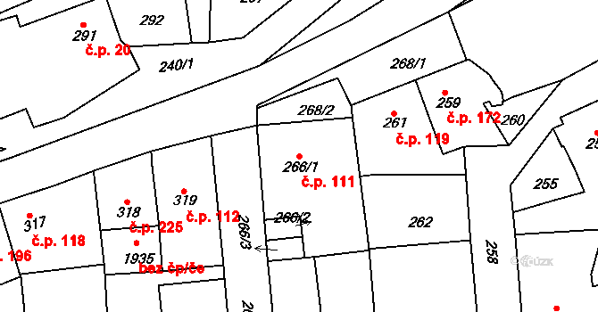 Švermov 111, Kladno na parcele st. 266/1 v KÚ Motyčín, Katastrální mapa