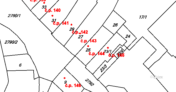 Dačice I 144, Dačice na parcele st. 25 v KÚ Dačice, Katastrální mapa