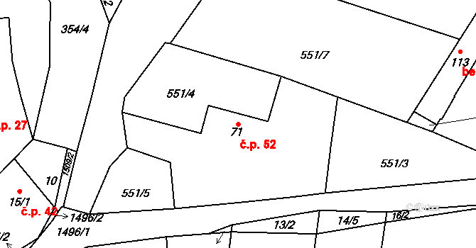 Těchlovice 52, Stříbro na parcele st. 71 v KÚ Těchlovice u Stříbra, Katastrální mapa
