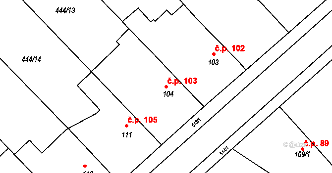 Holohlavy 103 na parcele st. 104 v KÚ Holohlavy, Katastrální mapa