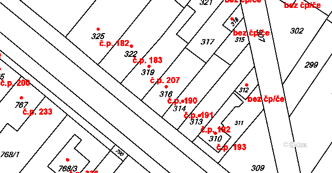 Křelov 190, Křelov-Břuchotín na parcele st. 316 v KÚ Křelov, Katastrální mapa