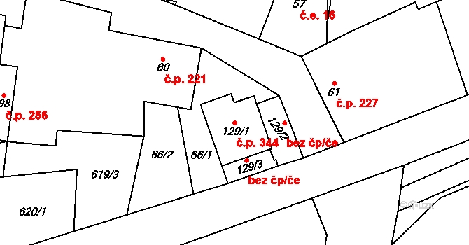Vrbice 344, Mšené-lázně na parcele st. 129/1 v KÚ Vrbice u Mšeného-lázní, Katastrální mapa