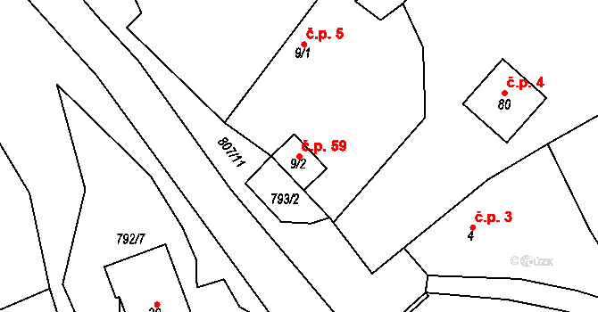 Hřmenín 59, Markvartice na parcele st. 9/2 v KÚ Hřmenín, Katastrální mapa