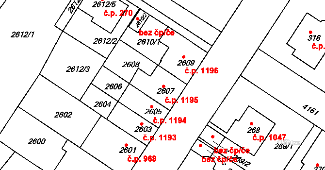 Roudnice nad Labem 1195 na parcele st. 2607 v KÚ Roudnice nad Labem, Katastrální mapa