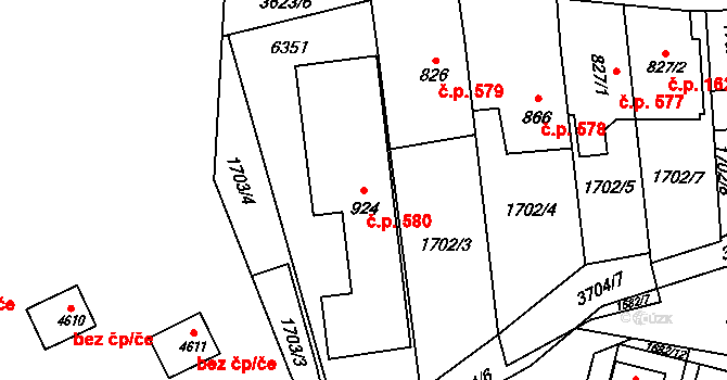 Rožnov pod Radhoštěm 580 na parcele st. 924 v KÚ Rožnov pod Radhoštěm, Katastrální mapa