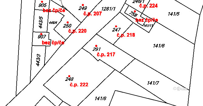 Kopidlno 217 na parcele st. 291 v KÚ Kopidlno, Katastrální mapa