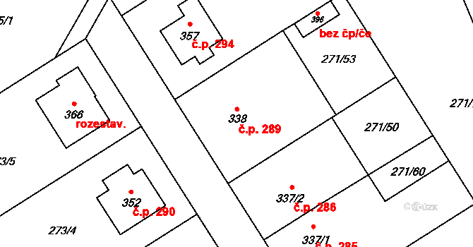 Dymokury 289 na parcele st. 338 v KÚ Dymokury, Katastrální mapa