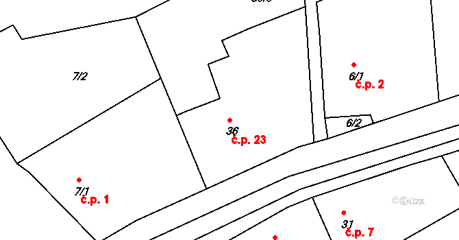 Kadaňský Rohozec 23, Radonice na parcele st. 36 v KÚ Kadaňský Rohozec, Katastrální mapa