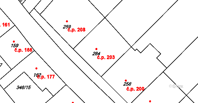 Dukovany 203 na parcele st. 284 v KÚ Dukovany, Katastrální mapa