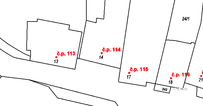Mohelno 114 na parcele st. 14 v KÚ Mohelno, Katastrální mapa