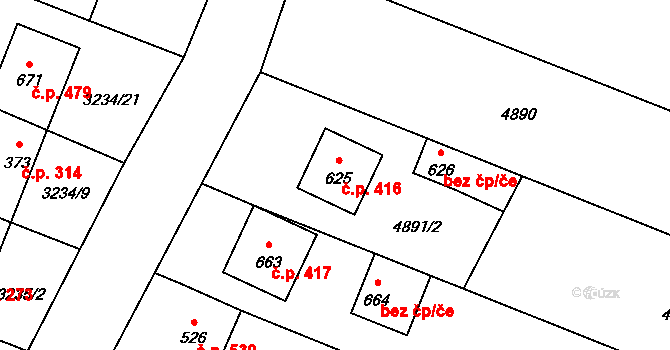 Mohelno 416 na parcele st. 625 v KÚ Mohelno, Katastrální mapa