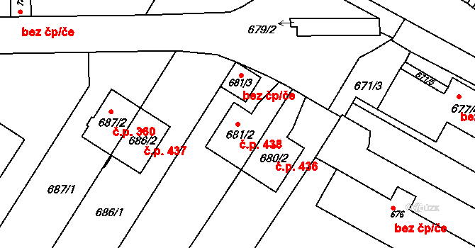 Pisárky 438, Brno na parcele st. 681/2 v KÚ Pisárky, Katastrální mapa