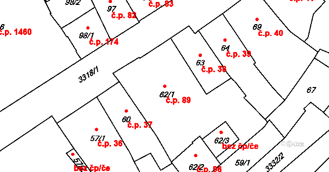 Pelhřimov 89 na parcele st. 62/1 v KÚ Pelhřimov, Katastrální mapa