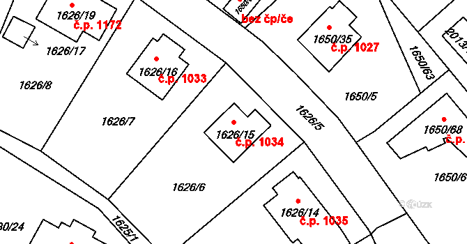 Pelhřimov 1034 na parcele st. 1626/15 v KÚ Pelhřimov, Katastrální mapa