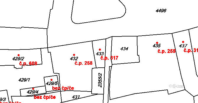 Teplice 317 na parcele st. 433 v KÚ Teplice, Katastrální mapa