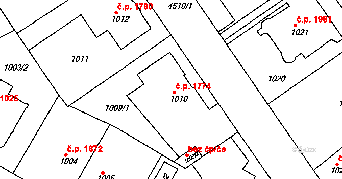 Teplice 1774 na parcele st. 1010 v KÚ Teplice, Katastrální mapa