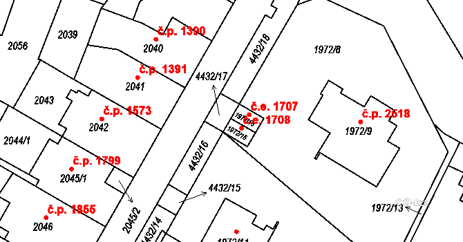 Teplice 1708 na parcele st. 1972/16 v KÚ Teplice, Katastrální mapa