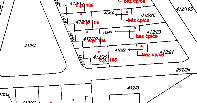 Račetice 103 na parcele st. 412/20 v KÚ Račetice, Katastrální mapa