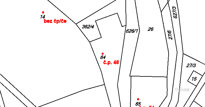 Branov 48 na parcele st. 64 v KÚ Branov, Katastrální mapa