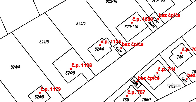 Radotín 1134, Praha na parcele st. 824/6 v KÚ Radotín, Katastrální mapa
