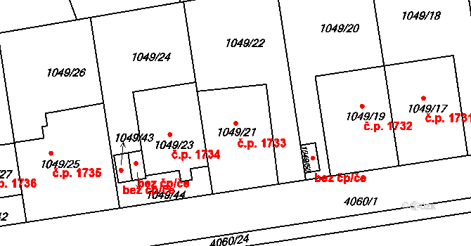 Dejvice 1733, Praha na parcele st. 1049/21 v KÚ Dejvice, Katastrální mapa