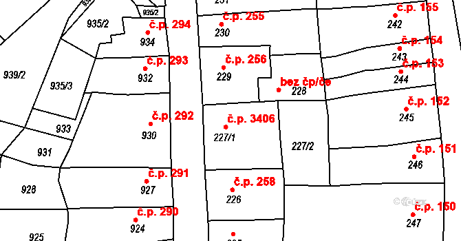 Česká Lípa 257 na parcele st. 227/1 v KÚ Česká Lípa, Katastrální mapa