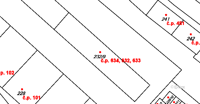Zbýšov 632,633,634 na parcele st. 232/9 v KÚ Zbýšov u Oslavan, Katastrální mapa