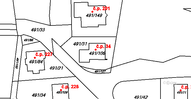 Kanice 34 na parcele st. 491/106 v KÚ Kanice, Katastrální mapa