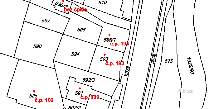 Horní Jasenka 193, Vsetín na parcele st. 593 v KÚ Jasenka, Katastrální mapa