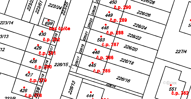 Domamyslice 286, Prostějov na parcele st. 446 v KÚ Domamyslice, Katastrální mapa