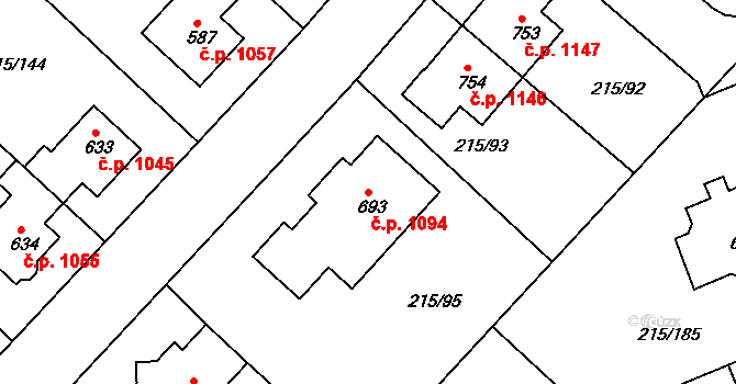 Rudná 1094 na parcele st. 693 v KÚ Hořelice, Katastrální mapa