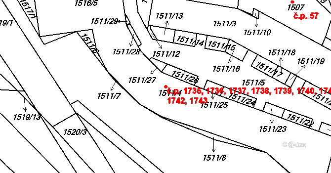 Roztoky 1735,1736,1737,1738, na parcele st. 1511/4 v KÚ Roztoky u Prahy, Katastrální mapa