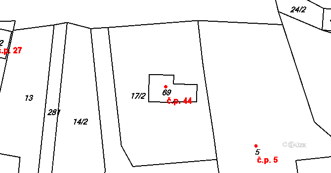Horní Přím 44, Dolní Přím na parcele st. 69 v KÚ Horní Přím, Katastrální mapa