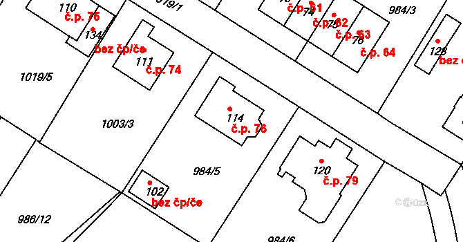 Sazomín 76 na parcele st. 114 v KÚ Sazomín, Katastrální mapa