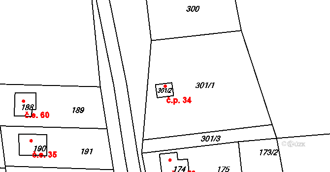 Hořice 34, Blansko na parcele st. 301/2 v KÚ Hořice u Blanska, Katastrální mapa