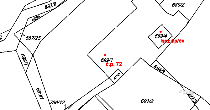 Netvořice 72 na parcele st. 689/1 v KÚ Netvořice, Katastrální mapa