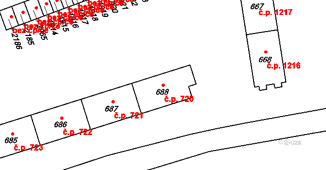 Hrabůvka 720, Ostrava na parcele st. 688 v KÚ Hrabůvka, Katastrální mapa