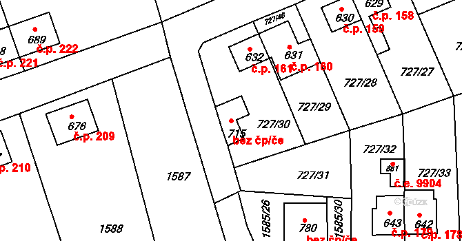 Děčín 40668681 na parcele st. 715 v KÚ Bynov, Katastrální mapa
