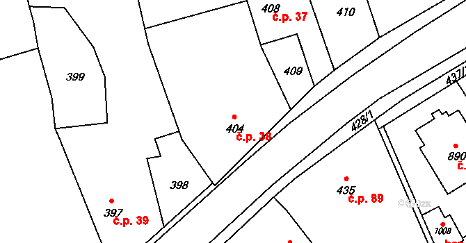Stěbořice 38 na parcele st. 404 v KÚ Stěbořice, Katastrální mapa