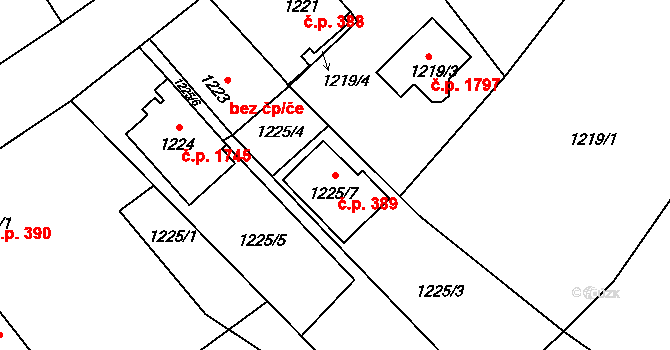 Hlučín 389 na parcele st. 1225/7 v KÚ Hlučín, Katastrální mapa