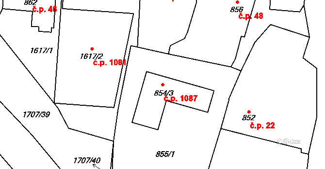 Řeporyje 1087, Praha na parcele st. 854/3 v KÚ Řeporyje, Katastrální mapa